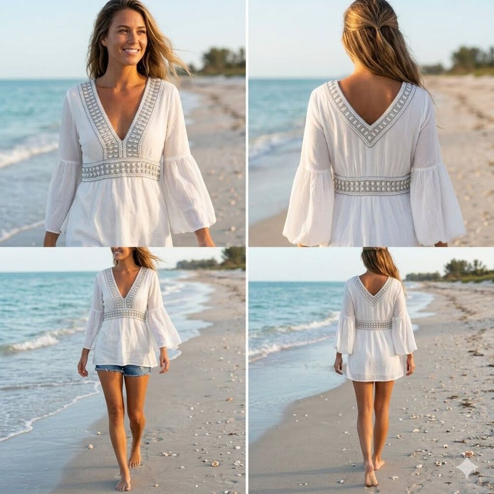 (E1) Debbie Katz, pearl‎ embroidered dress, 100% silk, size M